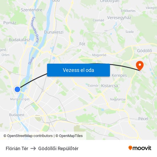 Flórián Tér to Gödöllői Repülőtér map