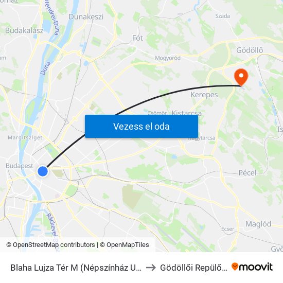 Blaha Lujza Tér M (Népszínház Utca) to Gödöllői Repülőtér map
