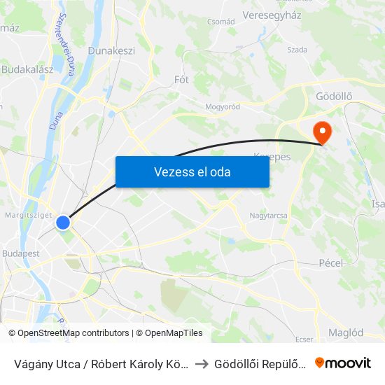 Vágány Utca / Róbert Károly Körút to Gödöllői Repülőtér map
