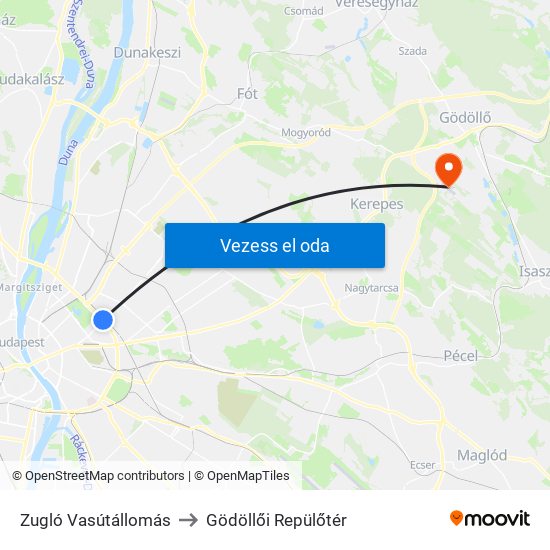 Zugló Vasútállomás to Gödöllői Repülőtér map