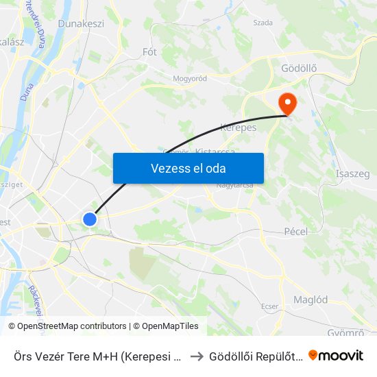 Örs Vezér Tere M+H (Kerepesi Út) to Gödöllői Repülőtér map