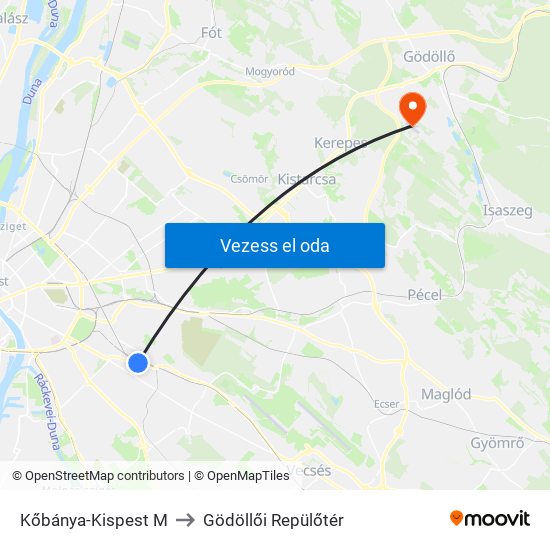 Kőbánya-Kispest M to Gödöllői Repülőtér map