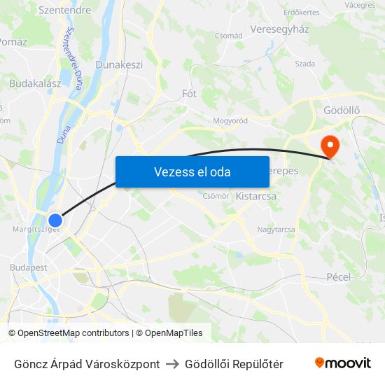 Göncz Árpád Városközpont to Gödöllői Repülőtér map