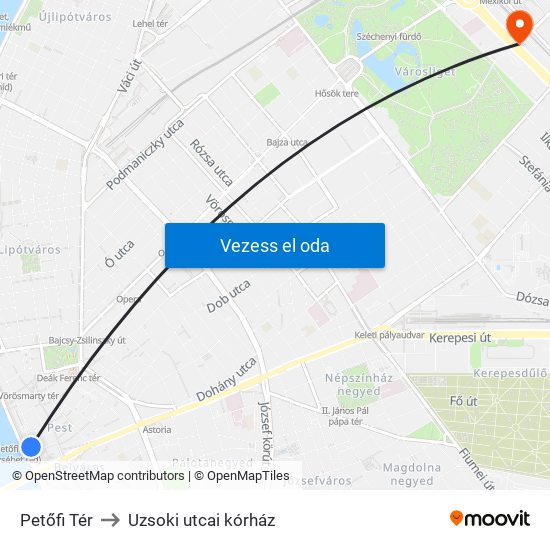 Petőfi Tér to Uzsoki utcai kórház map