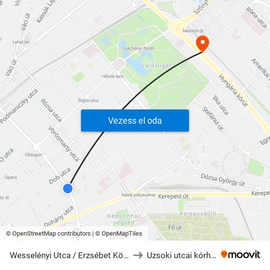 Wesselényi Utca / Erzsébet Körút to Uzsoki utcai kórház map