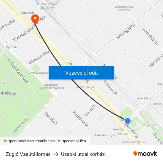 Zugló Vasútállomás to Uzsoki utcai kórház map