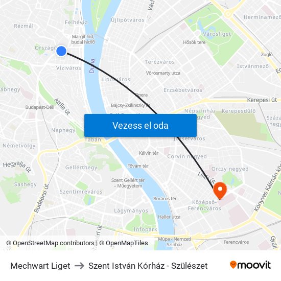 Mechwart Liget to Szent István Kórház - Szülészet map