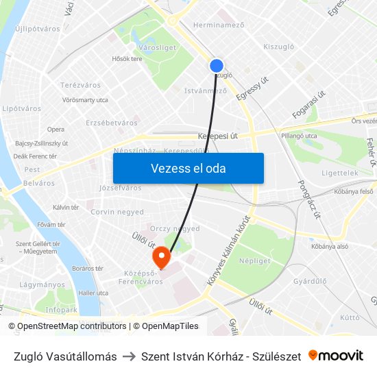 Zugló Vasútállomás to Szent István Kórház - Szülészet map