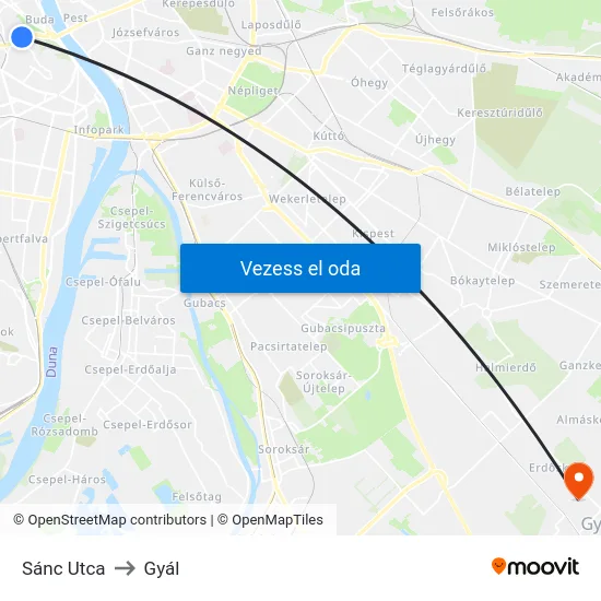 Sánc Utca to Gyál map