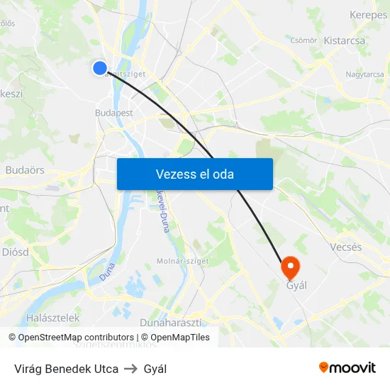 Virág Benedek Utca to Gyál map