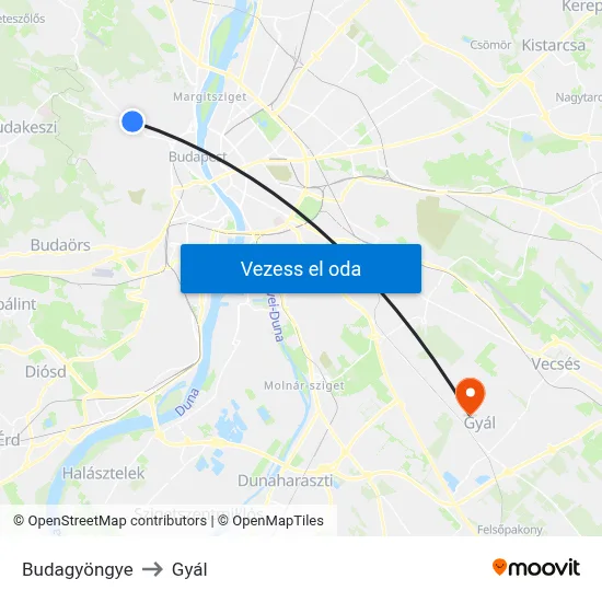 Budagyöngye to Gyál map