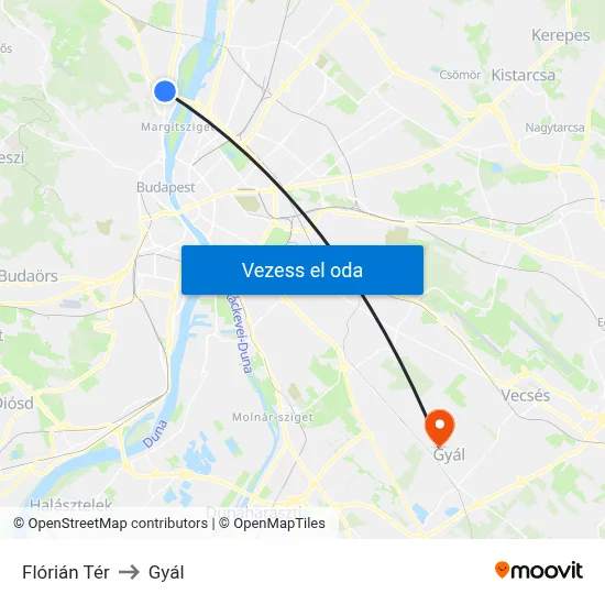 Flórián Tér to Gyál map