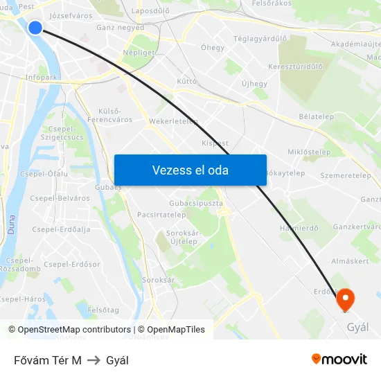 Fővám Tér M to Gyál map