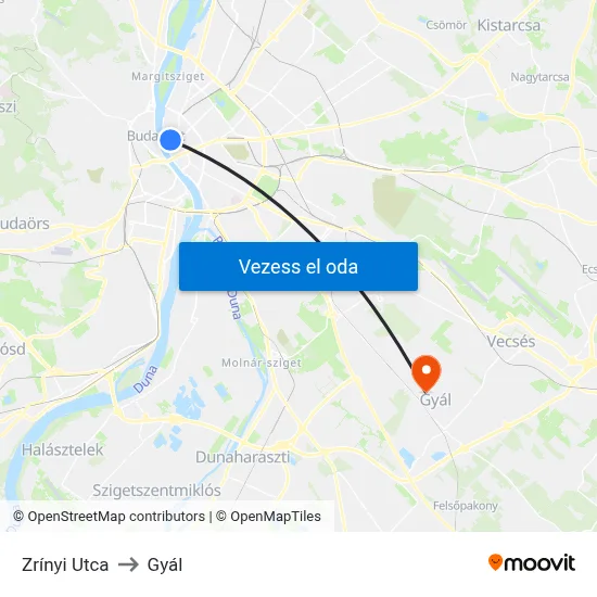 Zrínyi Utca to Gyál map