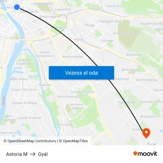 Astoria M to Gyál map