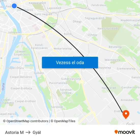 Astoria M to Gyál map