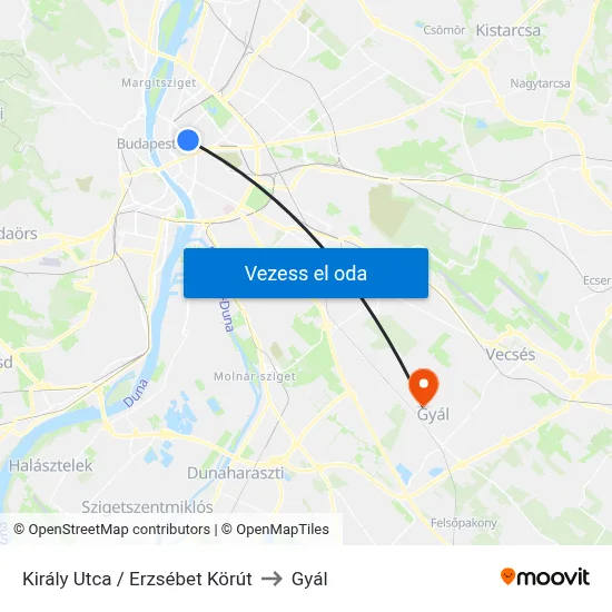 Király Utca / Erzsébet Körút to Gyál map