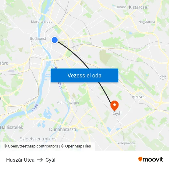 Huszár Utca to Gyál map
