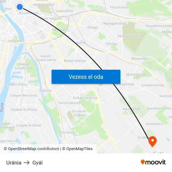 Uránia to Gyál map