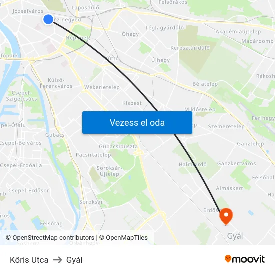 Kőris Utca to Gyál map
