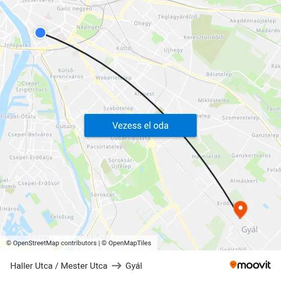 Haller Utca / Mester Utca to Gyál map