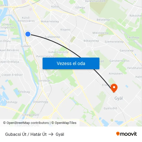 Gubacsi Út / Határ Út to Gyál map
