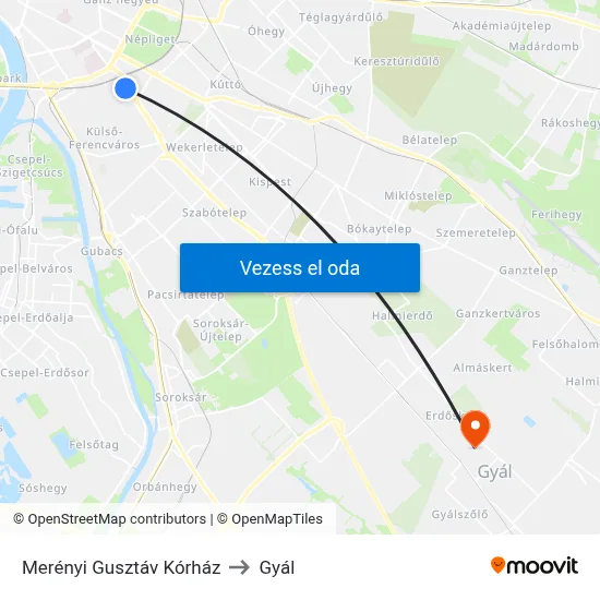 Merényi Gusztáv Kórház to Gyál map