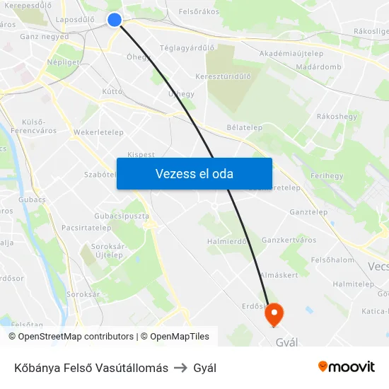 Kőbánya Felső Vasútállomás to Gyál map