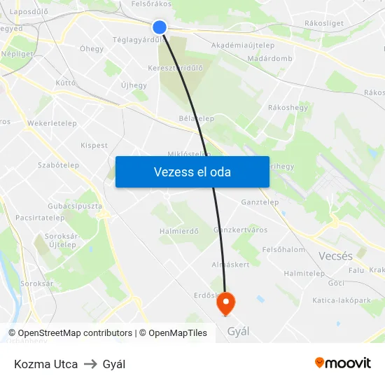 Kozma Utca to Gyál map
