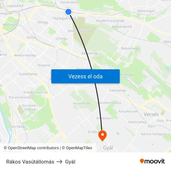 Rákos Vasútállomás to Gyál map