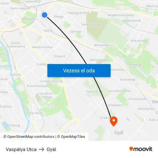 Vaspálya Utca to Gyál map