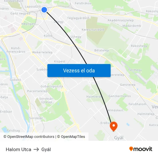 Halom Utca to Gyál map