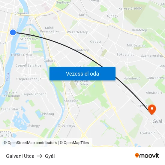 Galvani Utca to Gyál map