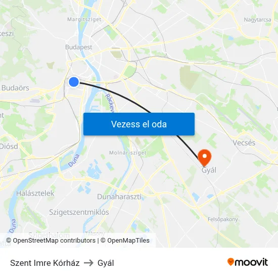 Szent Imre Kórház to Gyál map