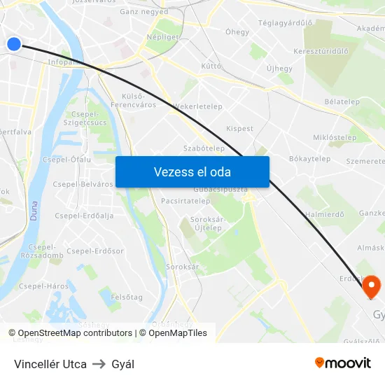 Vincellér Utca to Gyál map