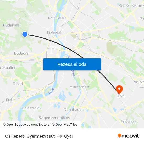 Csillebérc, Gyermekvasút to Gyál map