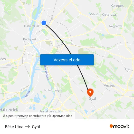 Béke Utca to Gyál map