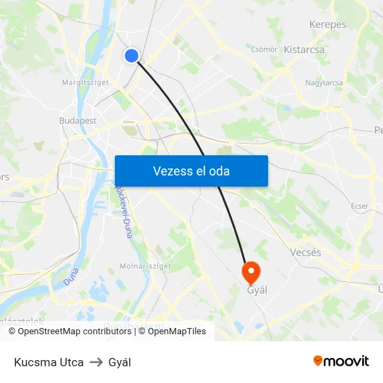 Kucsma Utca to Gyál map