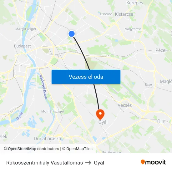 Rákosszentmihály Vasútállomás to Gyál map