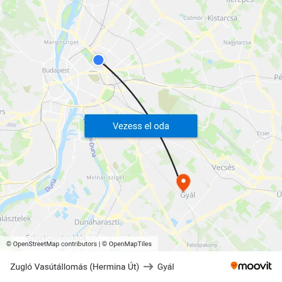 Zugló Vasútállomás (Hermina Út) to Gyál map
