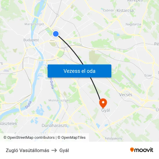 Zugló Vasútállomás to Gyál map