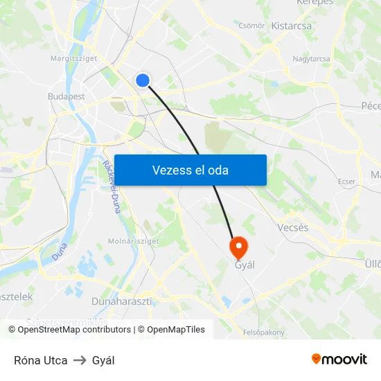 Róna Utca to Gyál map