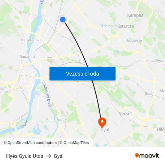 Illyés Gyula Utca to Gyál map