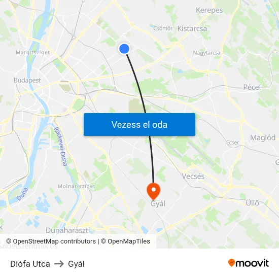Diófa Utca to Gyál map
