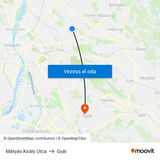 Mátyás Király Utca to Gyál map
