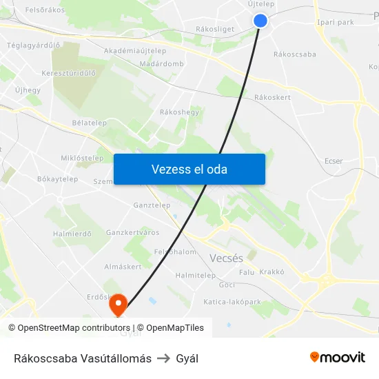 Rákoscsaba Vasútállomás to Gyál map