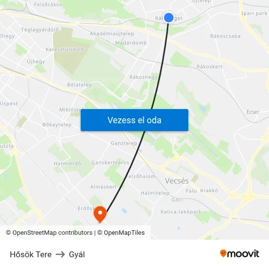 Hősök Tere to Gyál map