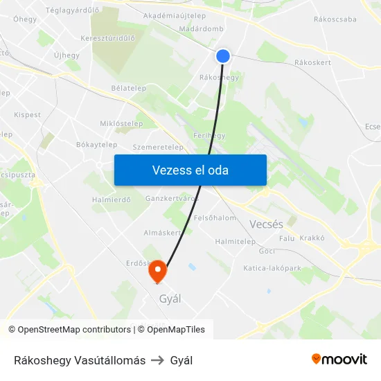 Rákoshegy Vasútállomás to Gyál map