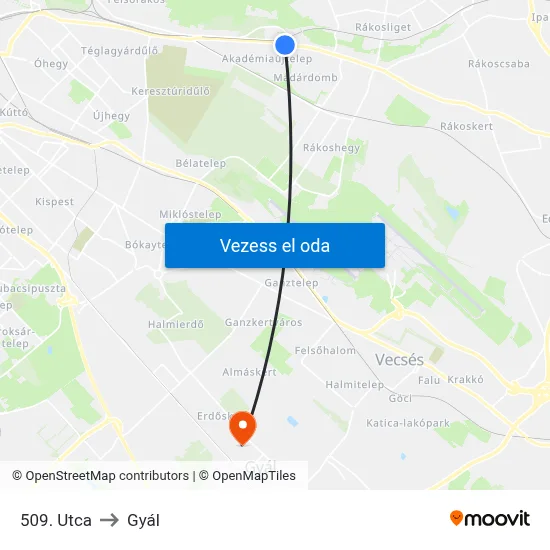 509. Utca to Gyál map