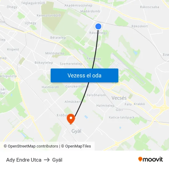 Ady Endre Utca to Gyál map